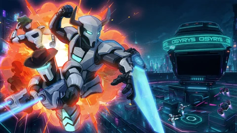 Armored fighters with energy blades above a futuristic arena