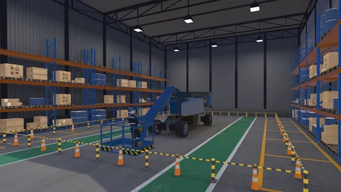 Worker operating an elevated platform in a warehouse training simulation